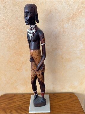 Hand-Carved Dark Wood African Statue with Shell Necklace - Unbranded